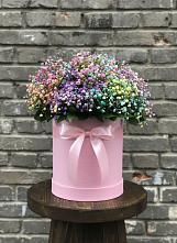 Цветочная композиция из Гипсофила и Розы в шляпной коробке в Краснозаводске