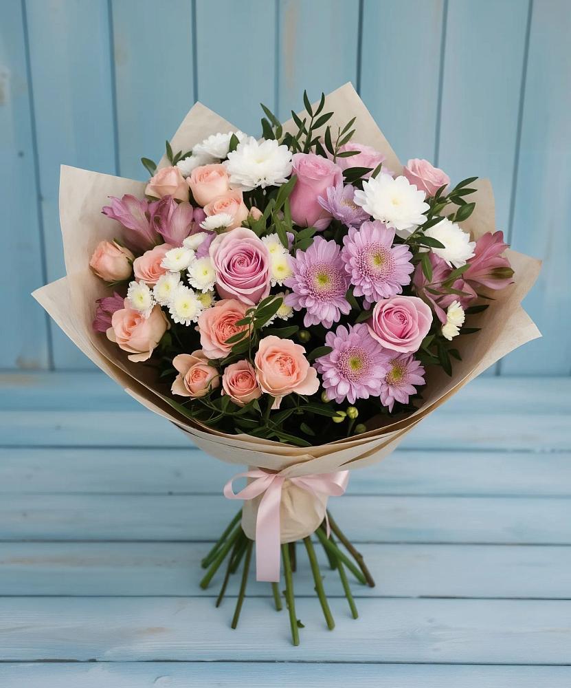 Букет цветов из: Хризантемы, Розы и Альстромерии в Краснозаводске