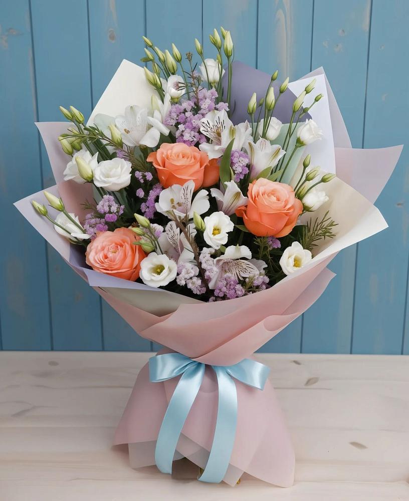 Букет цветов из: Лизиантусы, Розы, Альстромерии и Гипсофила в Краснозаводске