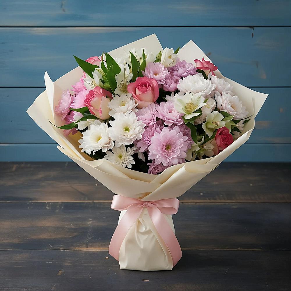 Букет цветов из: Хризантемы, Альстромерии и Розы в Краснозаводске